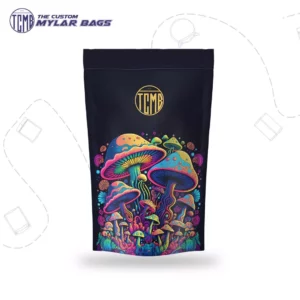 mushroom mylar bag with a colorful mushroom design for packaging and storing mushrooms.